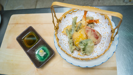 Shrimp in batter. Japanese cuisine in Khabarovsk in the Russian Far East.