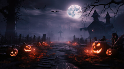 Halloween Spooky Night Scene with misty night background with copy space, Jack O' Lanterns pumpkin In Graveyard evil face Backdrop