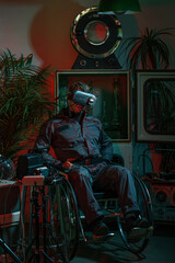 A man in overalls with a cyber helmet on his head, sitting in a wheelchair among old things, high...