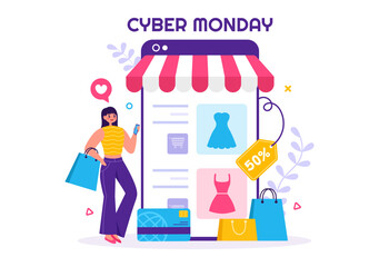 Fototapeta na wymiar Cyber Monday Event Vector Illustration with Super Sale and Big Discount Purchases Goods in Paper Bags for Promotions in Flat Cartoon Background