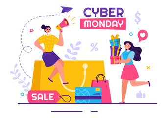 Cyber Monday Event Vector Illustration with Super Sale and Big Discount Purchases Goods in Paper Bags for Promotions in Flat Cartoon Background