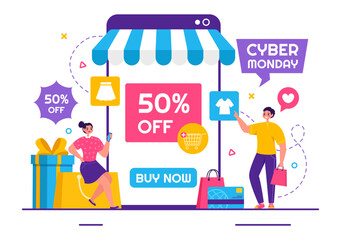 Cyber Monday Event Vector Illustration with Super Sale and Big Discount Purchases Goods in Paper Bags for Promotions in Flat Cartoon Background