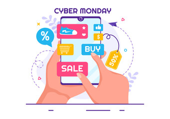 Cyber Monday Event Vector Illustration with Super Sale and Big Discount Purchases Goods in Paper Bags for Promotions in Flat Cartoon Background