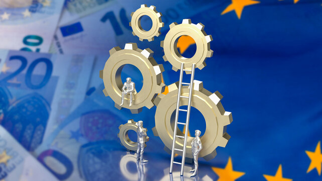 The Business man and gear group on Euro flag Background 3d rendering
