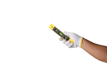 Photograph of white gloved hand holding yellow water level isolated on transparent background png file
