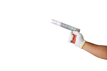 Photograph of white gloved hand holding an angle measuring tool used in woodworking, isolated on transparent background png file.