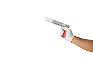 Photograph of white gloved hand holding an angle measuring tool used in woodworking, isolated on transparent background png file.