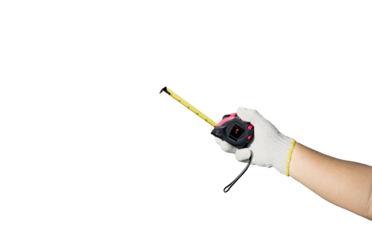 Photo of white gloved hand holding a measuring tape isolated on transparent background png file.