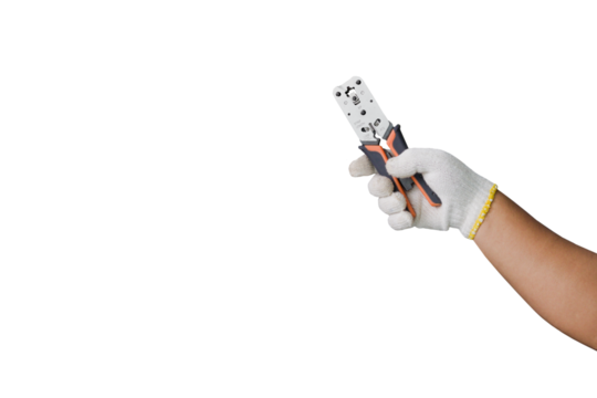 Photo of white gloved hand holding LAN CRIMPING TOOL CRIMPING PLIER CAT5 CAT6 RJ11 RJ12 isolated on transparent background png file.