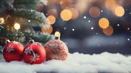 Fototapeta na wymiar Beautiful Christmas snowy background Christmas tree decorated with red balls