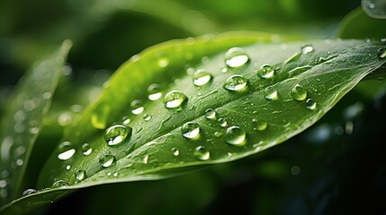 Beautiful big clear raindrops on green leaf macro
