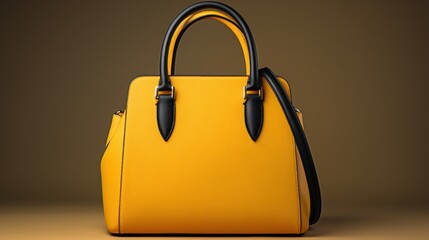 Stylish elegant female handbag in a beautiful state of black and yellow on a light studio background.