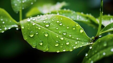 Beautiful big clear raindrops on green leaf macro