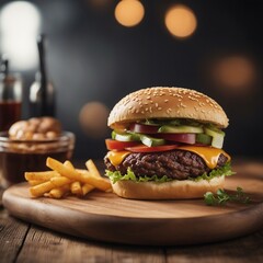 fries and hamburger on the table