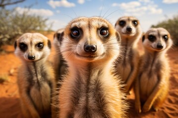 Fototapeta premium group of meerkats standing upright and looking attentively