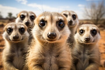 group of meerkats standing upright and looking attentively