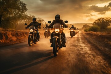 group of motorcycle riders riding together at sunset
