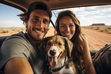 road trip smiling couple with dog