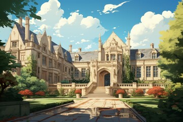 Naklejka premium Tall ancient building European castle style aristocratic palace wallpaper background illustration