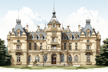 Obraz premium Tall ancient building European castle style aristocratic palace wallpaper background illustration