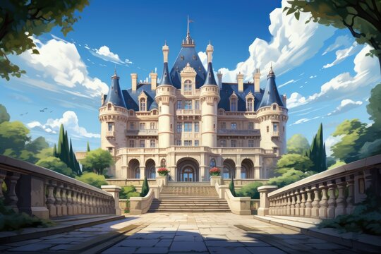 Tall ancient building European castle style aristocratic palace wallpaper background illustration