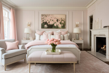 Fototapeta na wymiar Elegant and Serene Bedroom Interior with a Dreamy Dusty Rose Color Scheme, Exuding Warmth and Sophistication