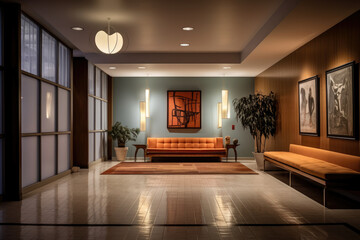 A Captivating Mid-Century Modern Hallway Interior with Sleek Lines, Warm Tones, and Iconic Design Elements