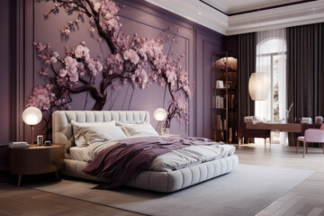 Elegant Plum Haven: A Luxurious Bedroom Interior Immersed in Enchanting Shades of Plum