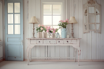 A Charming Shabby Chic Style Hallway Interior with Vintage Accents and Delicate Pastel Tones