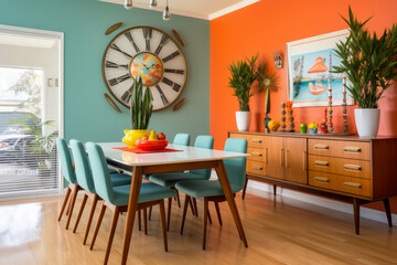 Vibrant Retro Mid-century Dining Room with Bold Colors and Retro Furniture