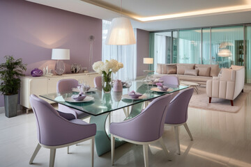 A Serene and Refreshing Modern Dining Room in Lavender and Mint Green Colors