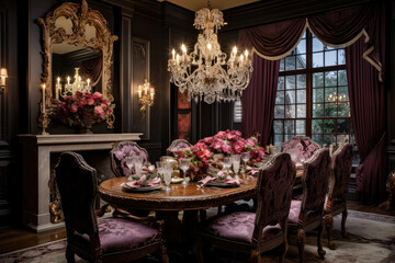 Fototapeta na wymiar An Opulent Victorian Dining Room with Luxurious Dark Tones and Exquisite Ornamental Accents