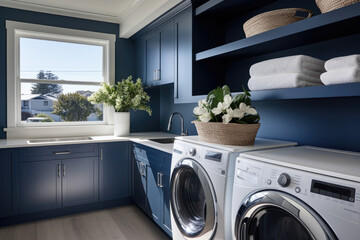 Elegant Laundry Room with a Nautical Touch: Navy Blue and White Color Scheme Enhances the Coastal Vibe