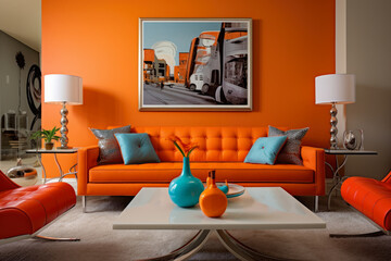 Vibrant and Chic: An Inviting Modern Living Room Bathed in Tangerine Hues
