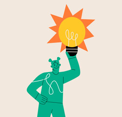 Happy inventor  with light bulb. Discovery and invention concept. Colorful vector illustration