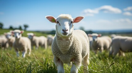 Obraz premium Sheep farm with green grass and clear sky
