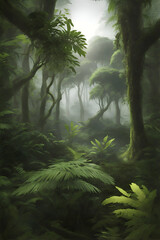 Naklejka premium Rainforest with lots of trees and branches and dew, super detailed fogy environment