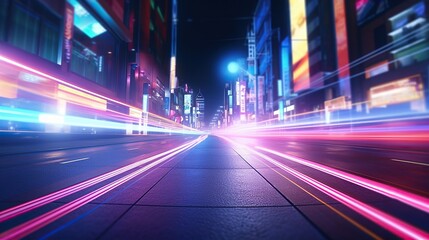 Fototapeta premium Neon light on city street, light trail hyper speed concept