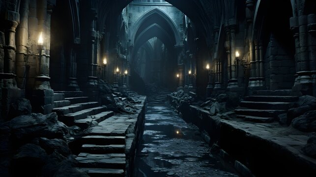 Old Abandoned Church, Under Ground Sewer In Hogwarts Magical Castle, Walkways On Either Side, Stairway To The Left Side, Background, Wallpaper 