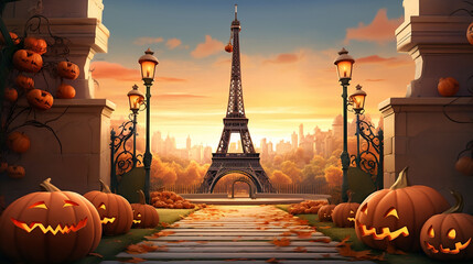 Abstract background Eiffel tower in Halloween theme in evening in paper art and craft design concept. Created using generative AI.