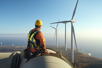 Fototapeta premium Worker on top of wind turbine.