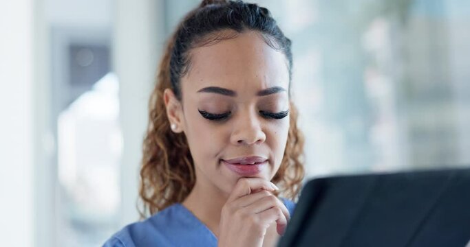 Nurse, thinking and woman with confused on laptop for medicine, study and learning cardiology, surgery or problem solving. Healthcare, mistake and analysis of results, report or choice in hospital