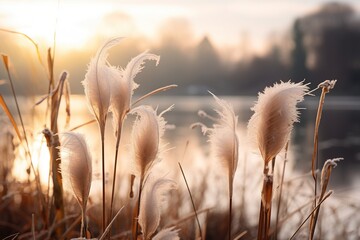 Obraz premium Reeds at sunrise with fog.