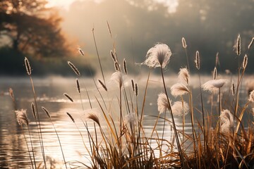 Reeds at sunrise with fog. - obrazy, fototapety, plakaty