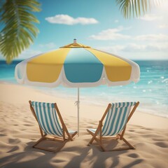 beach chairs and umbrella. Beach umbrella with chairs, inflatable ring on beach sand. summer vacation concept