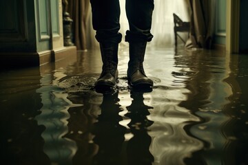 A man in rubber boots stands in a flooded house.