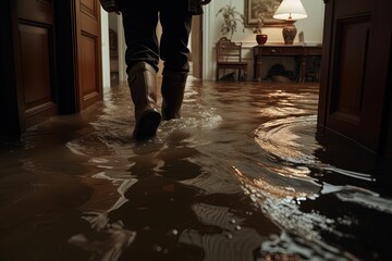 A man in rubber boots walks in a flooded house.