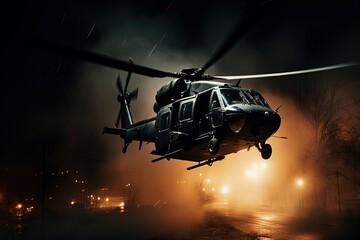 Helicopter in sky at night.