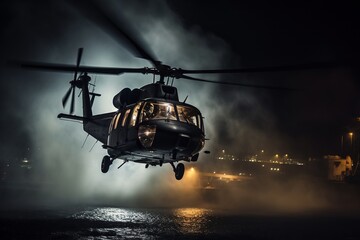 Helicopter in sky at night.