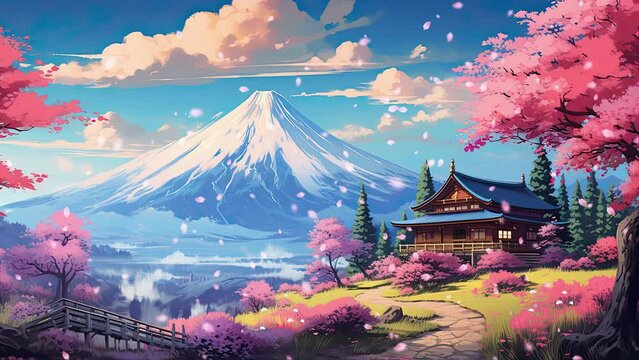 Traditional japanese house with mountain background in spring. Anime art style. Loop animation. lofi music background